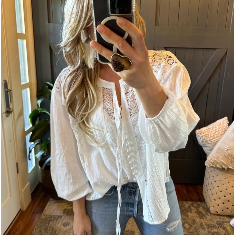 New White Lace Inset 3/4 Sleeve Button Front Floral Blouse Top Women's Boho - Picture 8 of 11